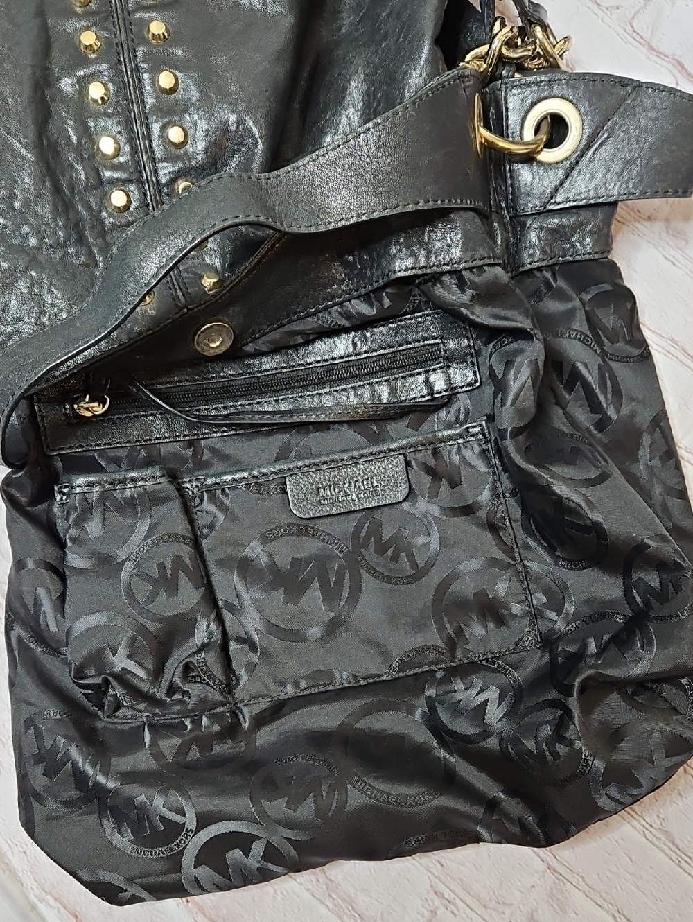 Michael Kors Uptown Astor Black Leather Studded Shoulder Bag - Picture 7 of 8